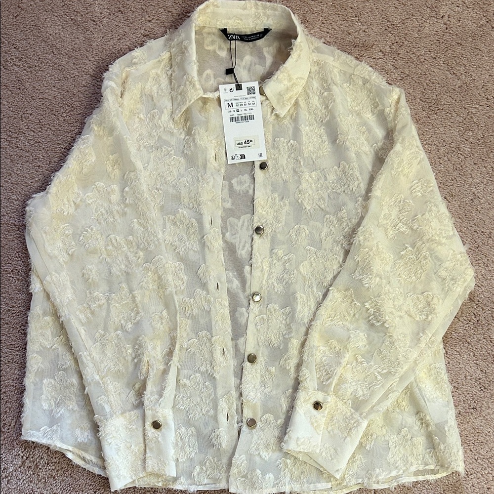 Zara Ivory Floral Lace Button-Up Blouse